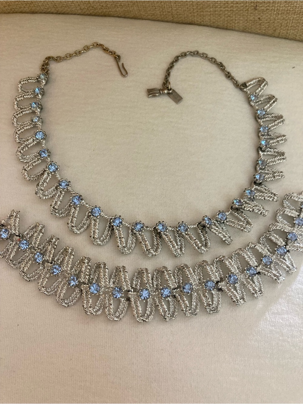 Amerique Signed Vintage Silver Tone Necklace Bracelet Set Blue Rhinestones